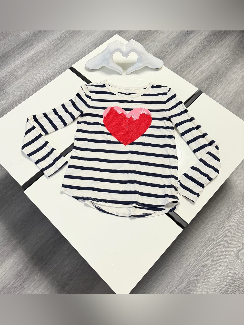 ✨ GAP Kids XXL (14-16) Striped Reversible Sequin Heart Long Sleeve Top❤️